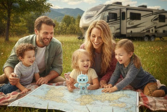 family on grass planning with large map n front of them